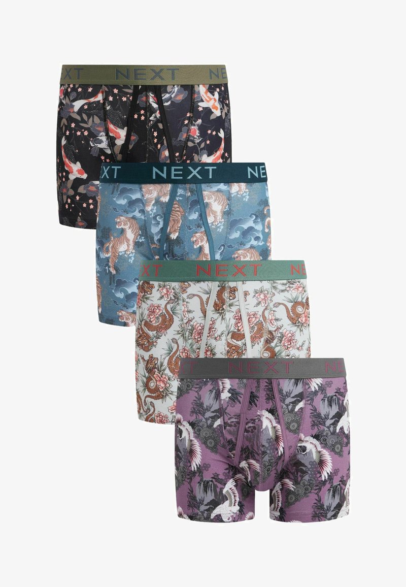 Boxers de type boxer-briefs dans des couleurs variées : noir avec des carpes koï, bleu avec des tigres, gris avec des dragons, et violet avec des grues. Tous présentent des ceintures logotées.