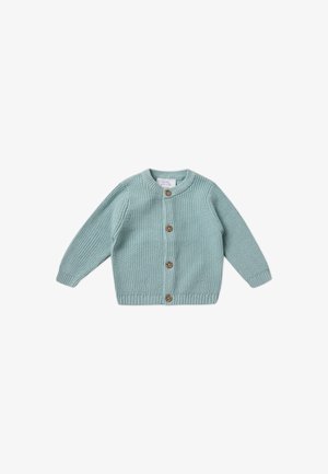 Hellesblau gestrickte Strickjacke mit Rundhalsausschnitt, langen Ärmeln und fünf Holzknöpfen auf der Vorderseite. Rippbündchen und Saum.