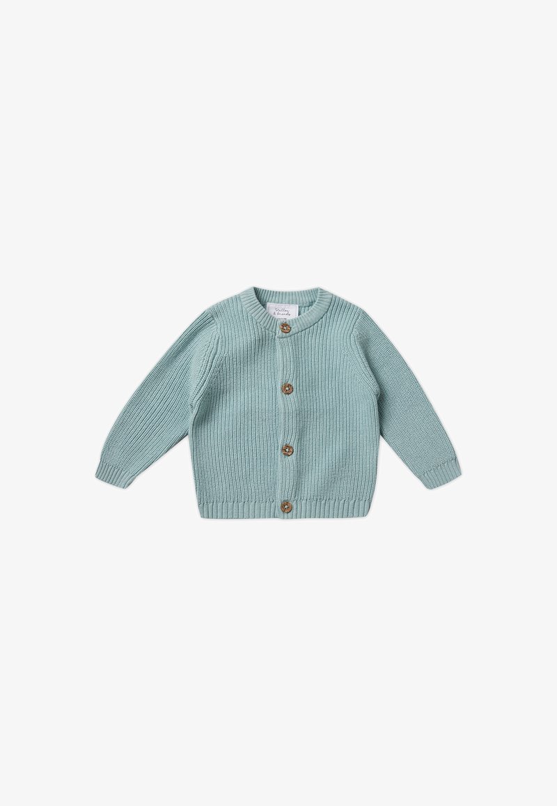 Hellesblau gestrickte Strickjacke mit Rundhalsausschnitt, langen Ärmeln und fünf Holzknöpfen auf der Vorderseite. Rippbündchen und Saum.