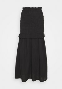 Gonna maxi nera con texture arricciata, orlo a ruota e vita aderente. Realizzata in tessuto leggero con un design fluido.