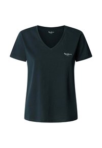 Svart bomulls V-ringad t-shirt med korta ärmar, med en liten vit logotyp på bröstet. Enkel, avslappnad design med en ledig passform.