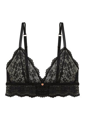 Soutien-gorge bralette en dentelle noire avec motifs floraux, bords festonnés, bretelles doubles réglables et un petit pendentif rond en or au centre devant.