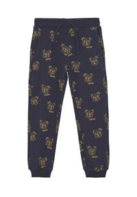 Marineblaue Jogginghosen aus Baumwolle mit einem durchgehenden Bulldoggenmuster in Gelb. Elastischer Bund mit Kordelzug und Bündchen an den Knöcheln.