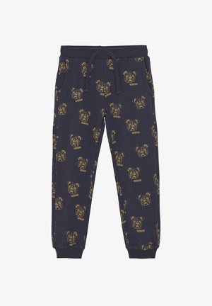 Marineblaue Jogginghosen aus Baumwolle mit einem durchgehenden Bulldoggenmuster in Gelb. Elastischer Bund mit Kordelzug und Bündchen an den Knöcheln.