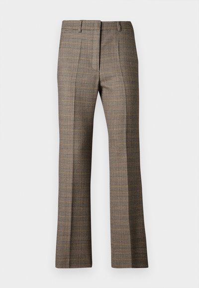 Bruine geruite broek met een rechte pijp, uitgerust met een gestructureerde stof en subtiele kleuren van beige en donkerbruin door het patroon.