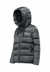 Padded jacket w ciemnoszarym kolorze z dużym kapturem, z zamkiem błyskawicznym z przodu i akcentami ze sznurkiem. Gładki, błyszczący materiał o pikowanym wzorze.
