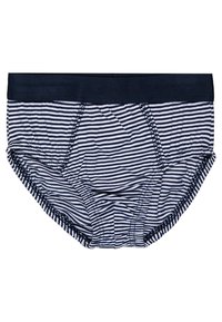 Tamsiai mėlynos ir baltos juostelės apatiniai su vienspalviu tamsiai mėlynu juosmeniu, su elastine apdaila ir siūtomis siūlėmis, minkšta medvilninė medžiaga.