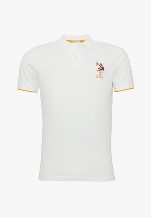 Witte polo shirt van katoen, met een klassiek kraag, een knoopsluiting met twee knopen, oranje accent op de mouwen en geborduurd USPA-logo op de borst.