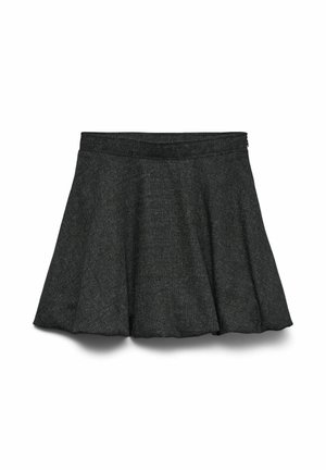 Jupe évasée noire en tissu texturé avec une taille lisse. L'ourlet doublé crée une légère ondulation en bas. Convient pour un style décontracté.