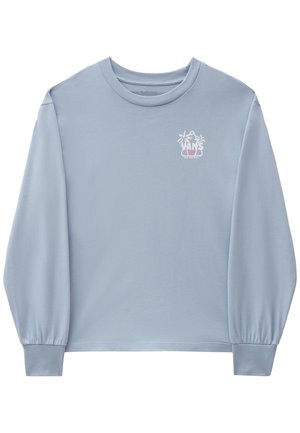 Vaaleansininen pitkähihainen pyöreäkauluksinen paita, jossa on Vansin logo ja palmukuva ylävasemmalla rinnassa.