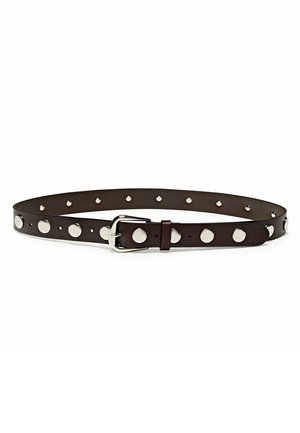 Dark brown leather belt with evenly spaced large and small silver studs and a silver buckle.