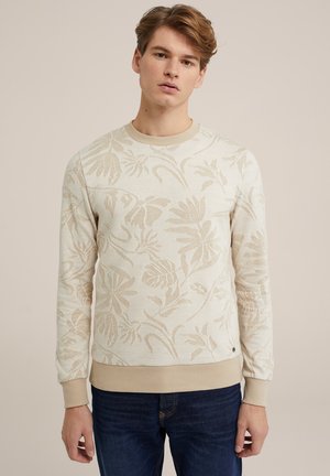 Light beige sweatshirt with a textured floral pattern, round neckline, and ribbed cuffs and hem. Accented with a small logo detail.