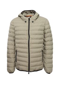 Beige Daunenjacke mit Kapuze, mit Steppdesign, schwarzem Reißverschluss und Seitentaschen. Glatte Textur mit elastischen Bündchen und Saum.