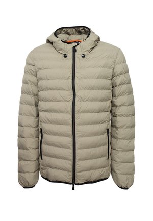 Giacca puffer beige con cappuccio, caratterizzata da un design trapuntato, zip nera e tasche laterali. Texture liscia con polsi e orlo elasticizzati.