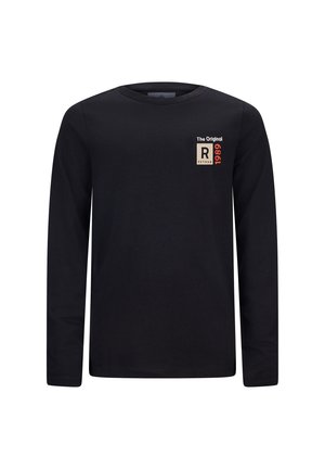 Schwarzes Langarmshirt aus Baumwolle mit einem kleinen rechteckigen Logo in Beige, Rot und Schwarz auf der linken Brustseite.