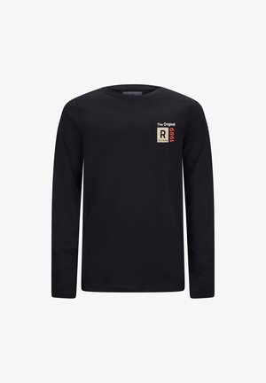 Maglietta a maniche lunghe nera in cotone, con un piccolo logo rettangolare in beige, rosso e nero nella zona sinistra del petto.
