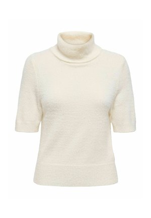 Crèmekleurige T-shirt met korte mouwen, gemaakt van gebreide textuurstof, met een getailleerde pasvorm en een opgerolde col.