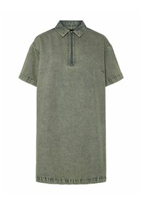 Haljina kratkih rukava s patentnim zatvaračem u zelenom traperu. Ima ovratnik, širok kroj i šivene detalje na rubu i rukavima.