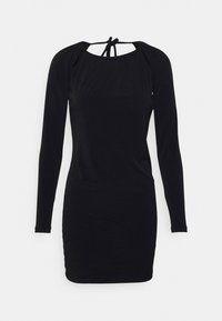 Vestido preto de mangas longas com decote franzido e detalhe de abertura nas costas. Confeccionado em tecido suave e elástico, silhueta ajustada.