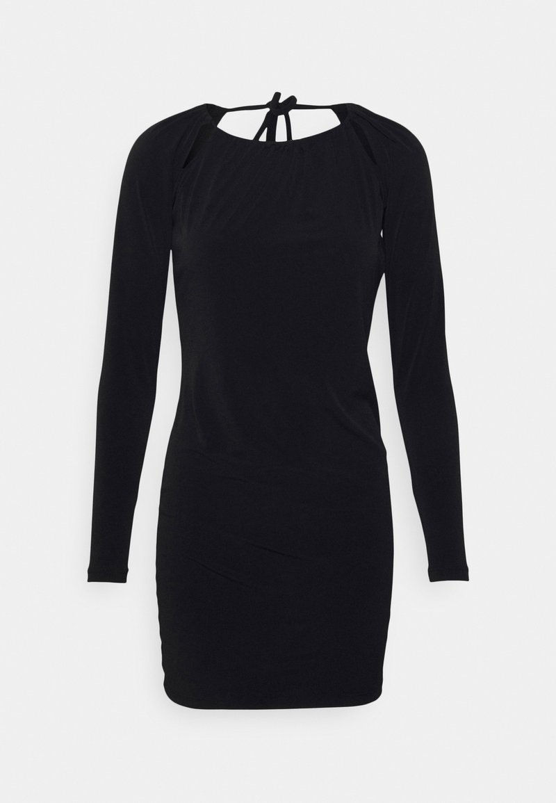 Vestido preto de mangas longas com decote franzido e detalhe de abertura nas costas. Confeccionado em tecido suave e elástico, silhueta ajustada.