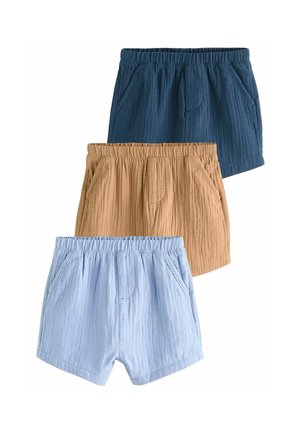 Drei Shorts in Blau, Braun und Hellblau. Hergestellt aus strukturiertem Stoff, mit elastischem Bund und Seitentaschen.