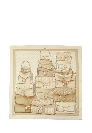 Seidenschal mit übereinander gestapelten Handtaschen in Beige- und Cremetönen, mit gesteppten Texturen, goldenen Hardwareakzenten und einem dekorativen Rand.