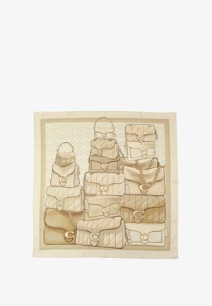 Seidenschal mit übereinander gestapelten Handtaschen in Beige- und Cremetönen, mit gesteppten Texturen, goldenen Hardwareakzenten und einem dekorativen Rand.