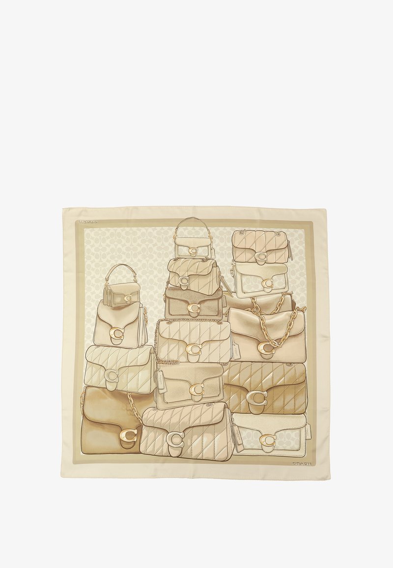 Silk scarf featuring stacked handbags in beige and cream tones, with quilted textures, gold hardware accents, and a decorative border.