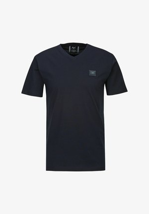 Navy blue short-sleeve V-neck T-shirt made of smooth cotton. Features a small fabric logo patch on the left chest. Classic fit.