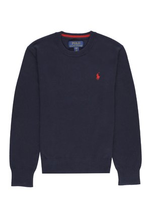 Maglione di cotone blu navy con polsini e orlo a costine. Presenta un logo rosso sul petto e una striscia rossa in contrasto all'interno del colletto.