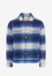 Blue and white checkered jacket with a button-up front, two chest pockets, and a textured fabric in a herringbone pattern.