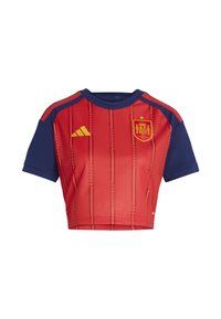 Punane ja mereväesinine lühendatud jalgpallimänguri särk horisontaalsete triipudega, millel on kollane vapp, Adidas logo ja lühikesed varrukad.