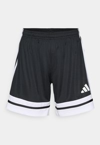 Black sports shorts with white stripes and three horizontal stripes at the hem. Elastic waistband and Adidas logo in white on the left thigh.