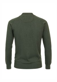 Grüner Strickpullover mit Rundhalsausschnitt, langen Ärmeln und gerippten Bündchen und Saum. Glatte Textur mit subtilen Farbvariationen.