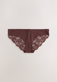 Burgundia pitsist aluspüksid, millel on lokkis pitsäärised ja keskel lipsu detail, valmistatud siledast pehmest kangast.