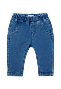 Denim broeken in een middelblauwe kleur met een elastische tailleband, vier zakken en een licht vervaagde textuur. Slim fit ontwerp voor kinderen.