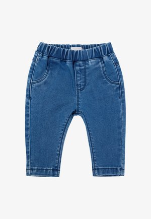 Denim broeken in een middelblauwe kleur met een elastische tailleband, vier zakken en een licht vervaagde textuur. Slim fit ontwerp voor kinderen.