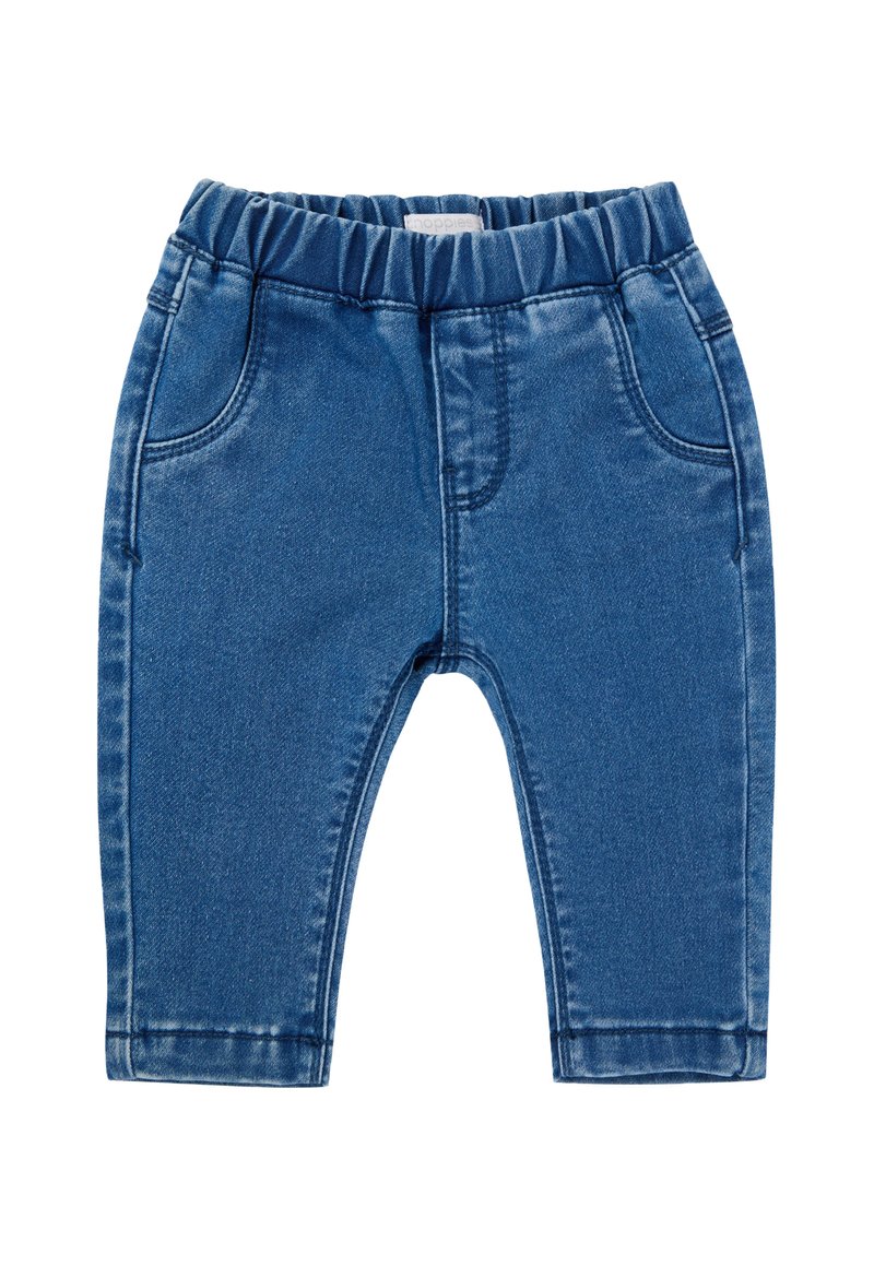 Denim broeken in een middelblauwe kleur met een elastische tailleband, vier zakken en een licht vervaagde textuur. Slim fit ontwerp voor kinderen.