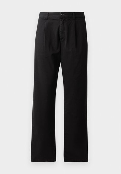Black trousers made of cotton with a straight leg design, featuring front pleats, a button closure, and simple stitching details.