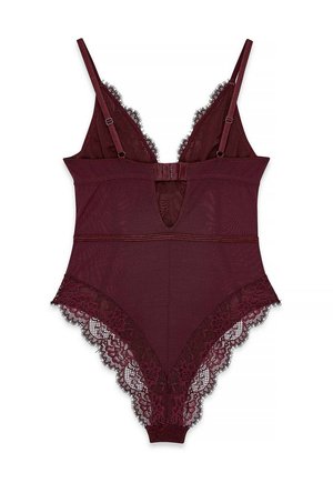 Burgundská čipkovaná body s nastaviteľnými ramienkami, s vykrojením v tvare kľúča a zložitým kvetinovým čipkovaným lemom pozdĺž okrajov.