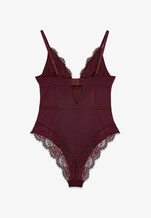 Burgundy lace bodysuit with adjustable straps, featuring a keyhole cutout and intricate floral lace trim along the edges.
