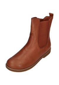 Brauner Leder-Stiefelette mit elastischen Seitenpaneelen, abgerundeter Spitze und strukturiertem Sohlenprofil, mit schlichtem, nahtlosem Design und minimalen Nähten.