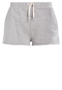 Gray fleece shorts with an elastic waistband and adjustable drawstring. Features a simple design and a smooth texture.