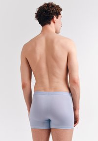 Mann mit lockigem Haar, oben ohne, trägt hellblaue Boxer-Shorts und steht mit dem Rücken zu einem schlichten weißen Hintergrund.