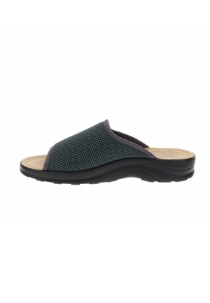 Sandalo senza dita grigio scuro in rete, slip-on, con soletta imbottita beige e suola nera, progettato per il comfort e l'uso casual.