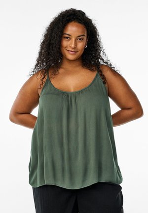 Top senza maniche, dalla vestibilità ampia, di colore verde scuro, realizzato in tessuto leggero con scollo a barca e dettagli arricciati sul davanti.