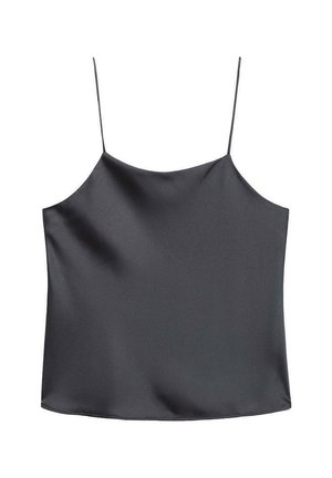 Camisola nera in satin con spalline sottili e regolabili, dal texture liscia e vestibilità ampia, progettata con una silhouette semplice e minimalista.