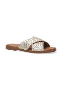 Woven metallic gold slide sandal with crisscross straps, a flat brown sole, and smooth leather footbed. Textured surface adds visual interest.