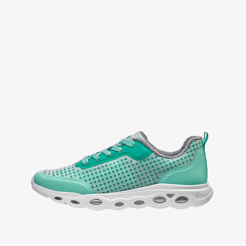 Light teal athletic shoe with patterned mesh upper, cushioned white sole with ventilation holes, and matching teal laces.