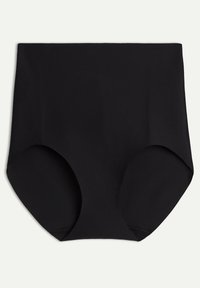 Culotte noire taille haute en tissu lisse. Dotée d'un design sans couture avec des côtés larges et une coupe modeste. Simple et classique.